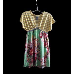 Wet Seal Boho Dress Stripes and Flowers Dolman Sleeve Deep Plunge Empire XS NWT